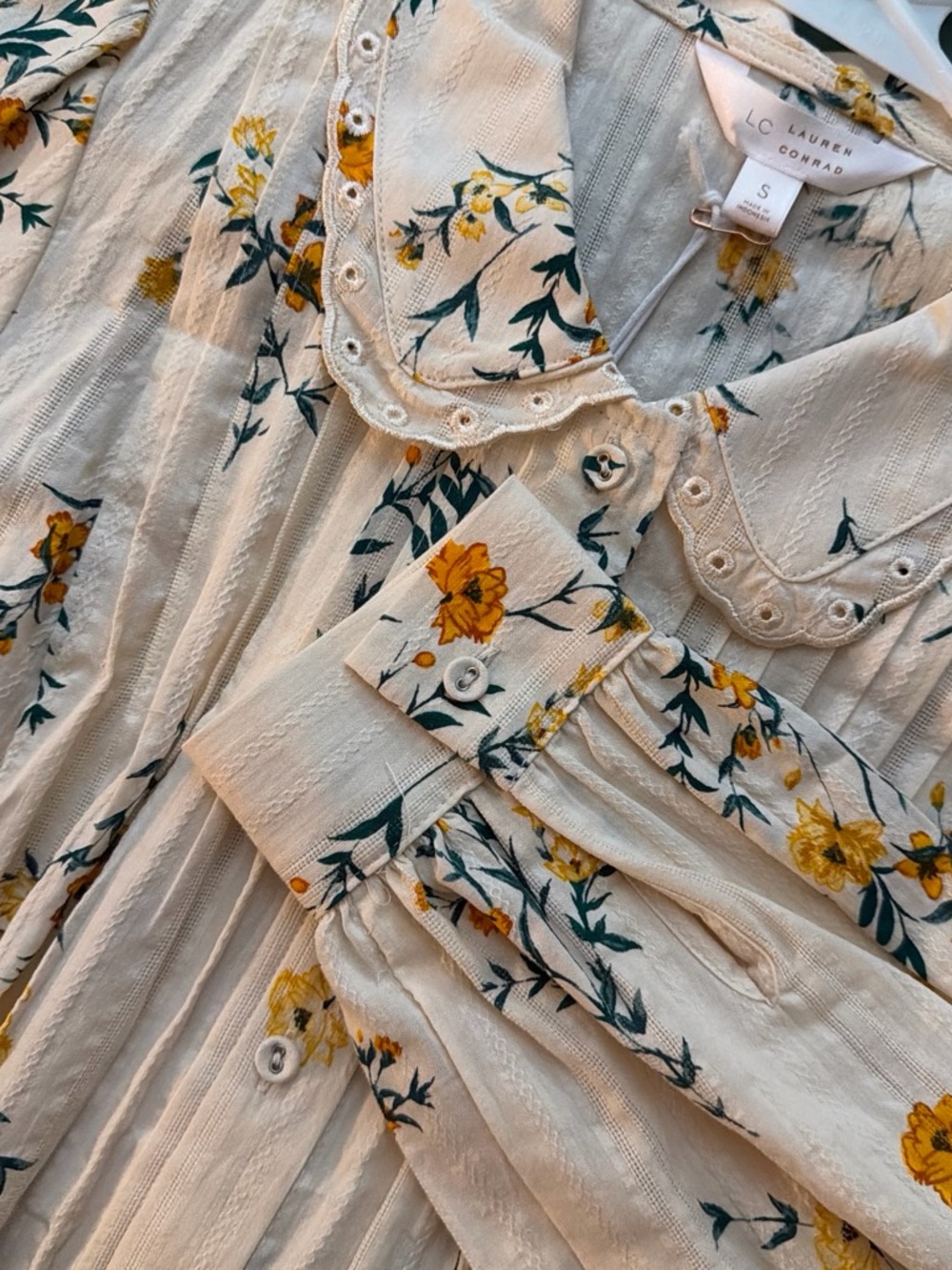 LC Lauren Conrad Cream Button-Front Blouse with Yellow Floral Print